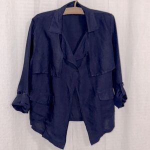KATIES 12 Navy Open Front Collared Utility Linen Jacket Roll Up Sleeves